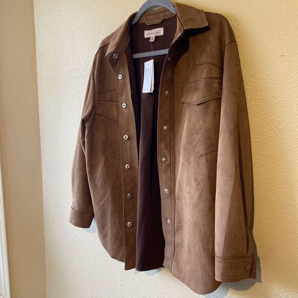 Philosophy Women's XS Vegan Suede Faux Caramel Brown Snap Shacket Western Jacket - Picture 3 of 14